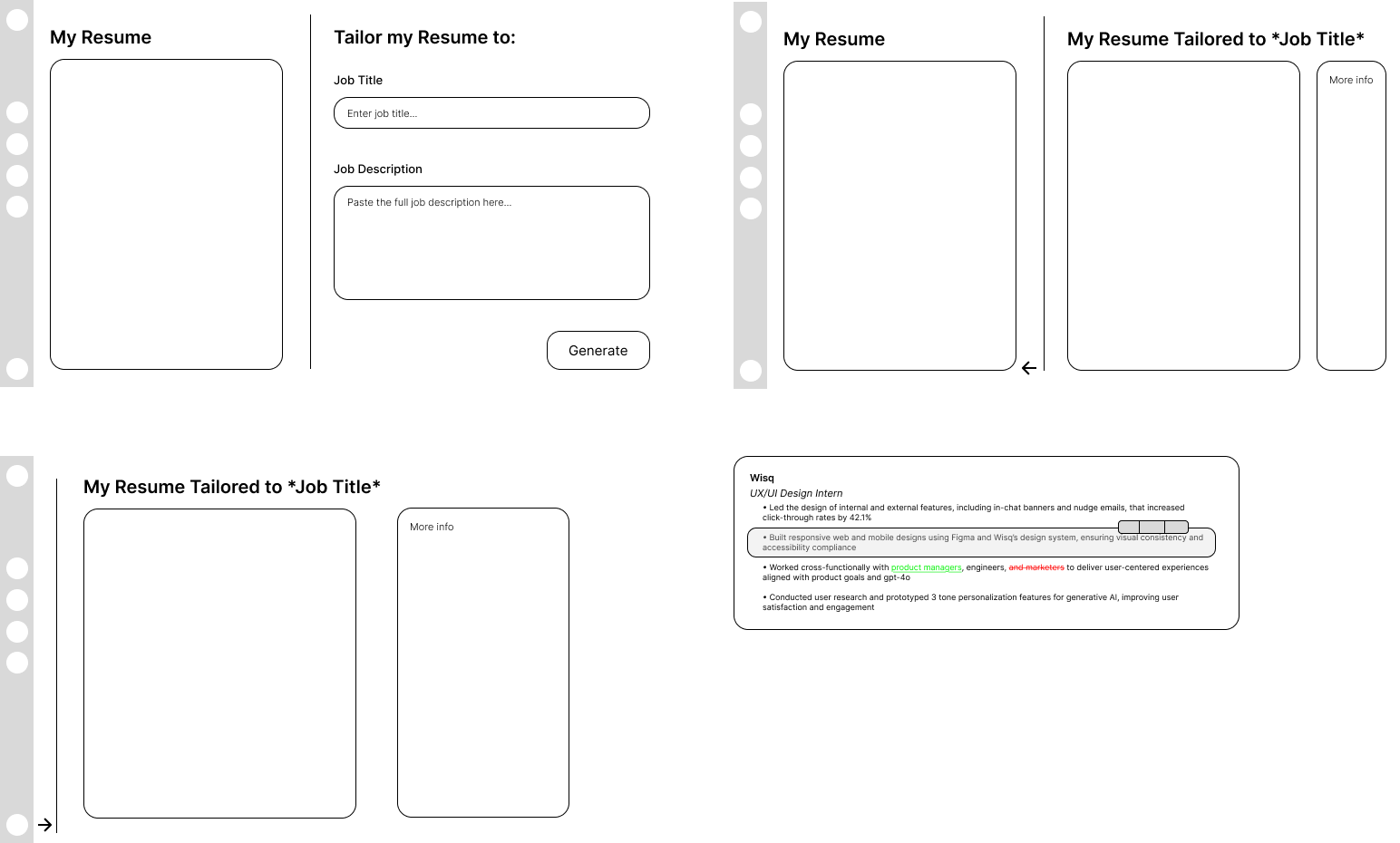 ApplIQ wireframes showing bullet-level editing, diff view, and layout directions.