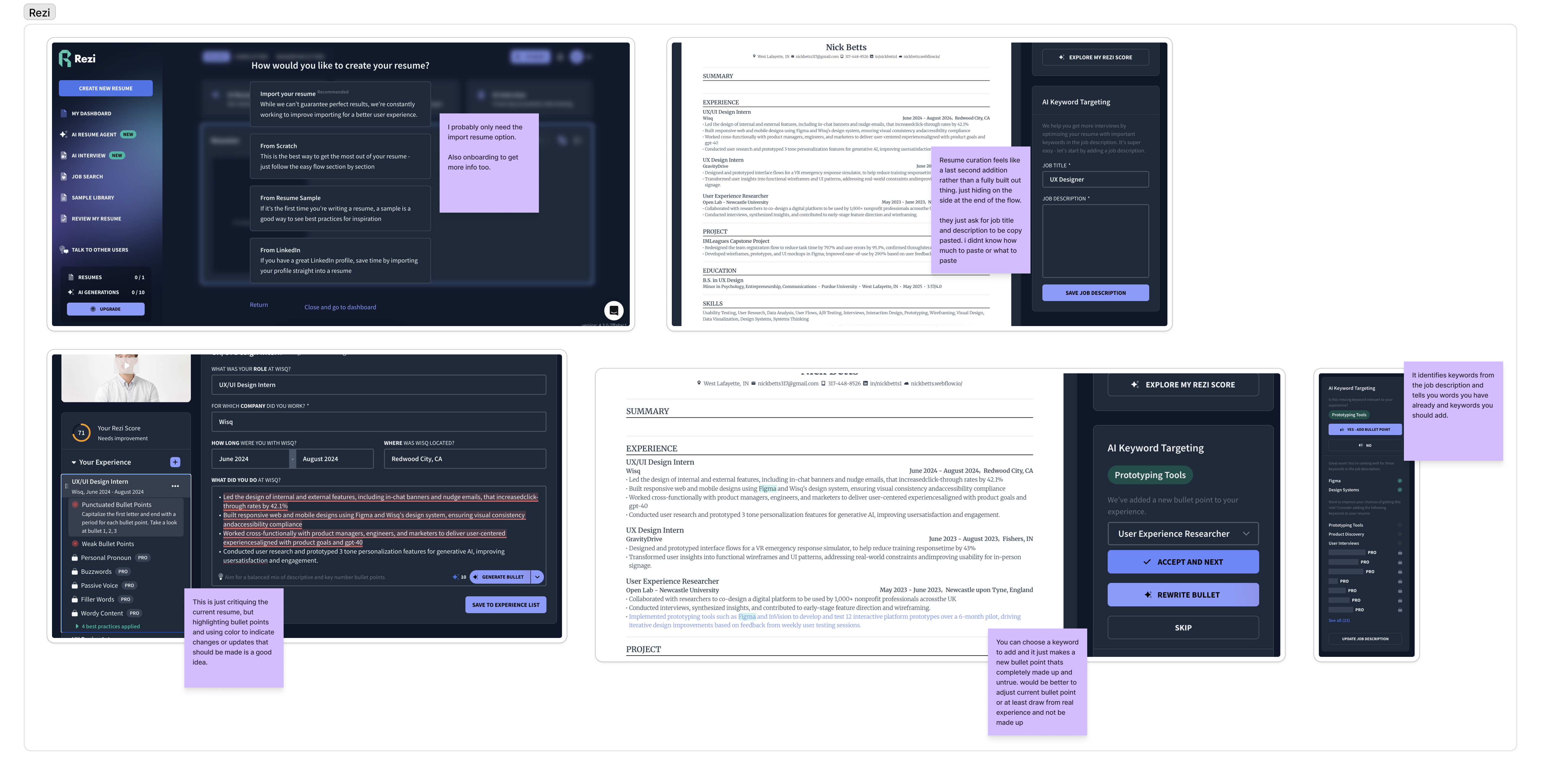 Competitive UX audit board comparing AI resume tools.