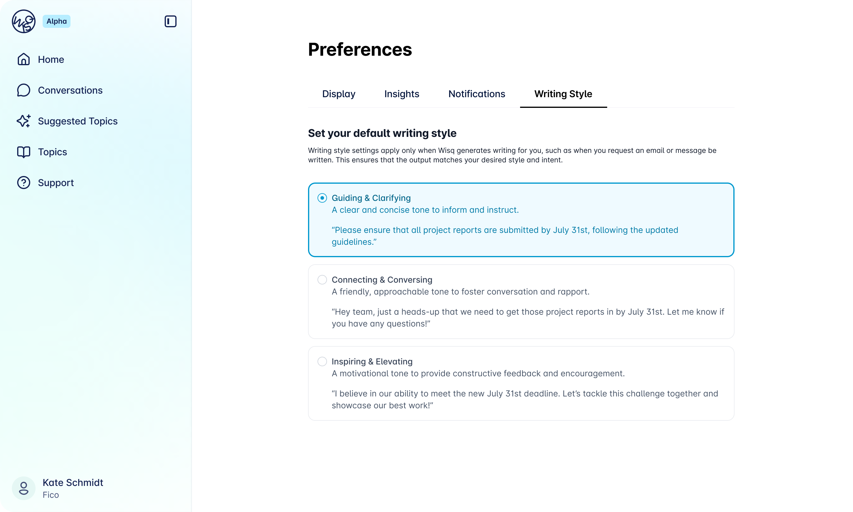 Wisq final preferences screen for tone selection.